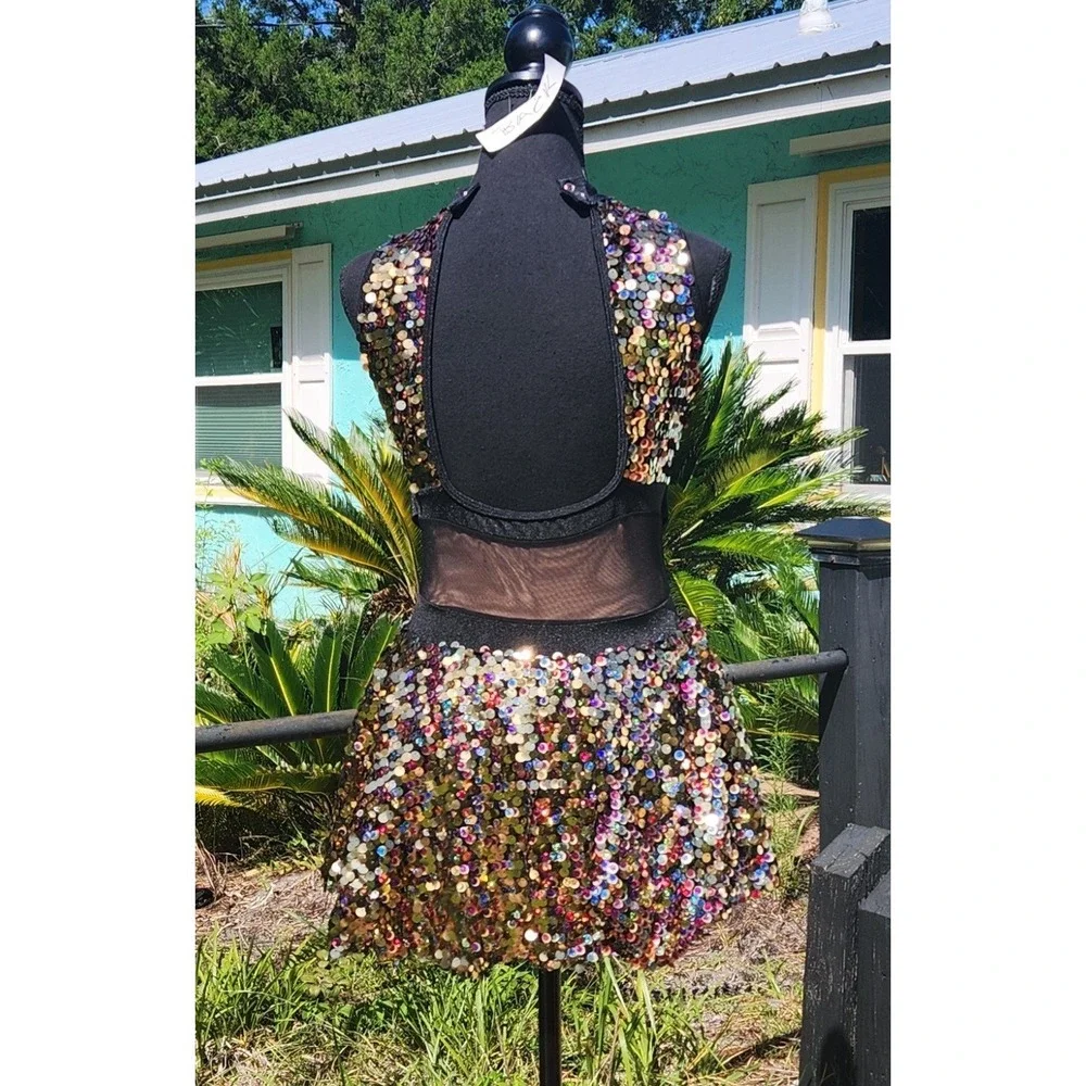 Gold Sequin Black Mesh DRESS Flare Skirt DANCE JAZZ Costume RC24605 XLC 26-30
